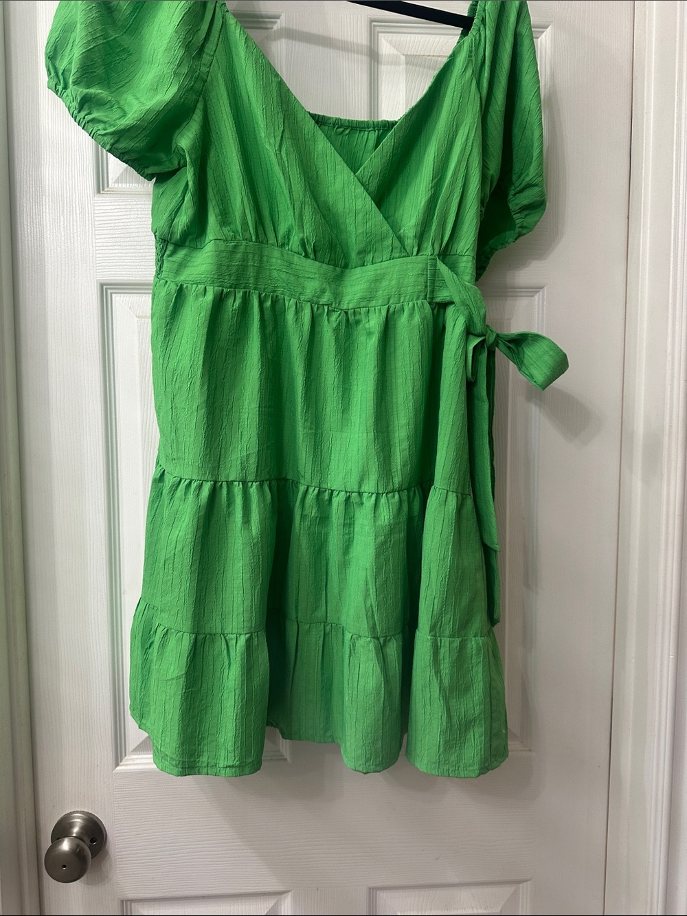 a new day Bright Green Tiered Wrap Dress with Puff Sleeves